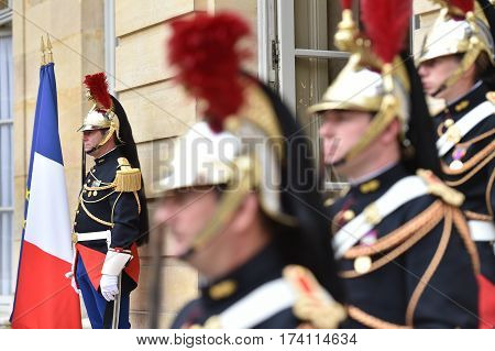 PARIS FRANCE - JUNE 10: Hotel Matignon Republican Guards of honor during a welcome ceremony on JUNE 10 2016 in Paris. Matignon is the official residence of the Prime Minister of France.