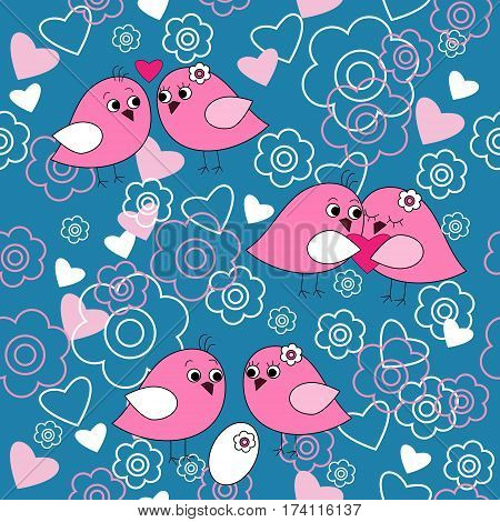 Cute background with a birds hearts and flowers