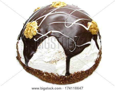 chocolate cake with cream and nuts sweet dessert