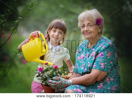 Happy Grandmother with her granddaughter working in the garden