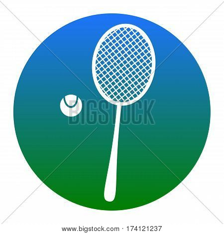 Tennis racquet sign. Vector. White icon in bluish circle on white background. Isolated.