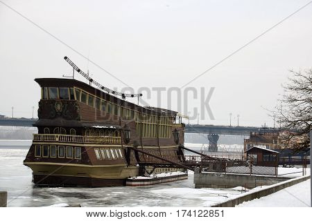 The old three-mast sailing vessel equipped with a restaurant on the river Dniepr Kiev
