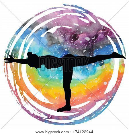 Women silhouette on galaxy astral background. Warrior 3 yoga pose. Virabhadrasana 3. Vector illustration.