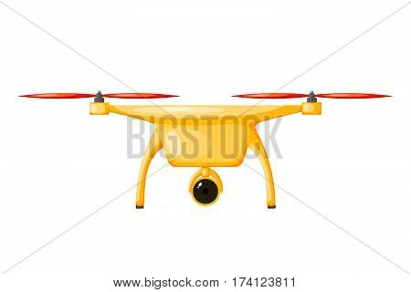Vector illustration of a flying drone yellow color with red screws. Cartoon a DRON on white background. Stock vector illustration of a DRON