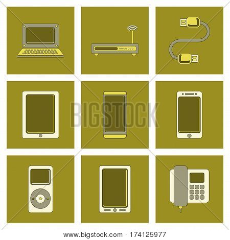 assembly of flat icon Wi fi modem mobile phone gadget usb cable music player laptop