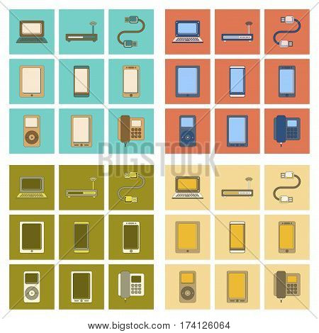 assembly of flat icon Wi fi modem mobile phone gadget usb cable music player laptop