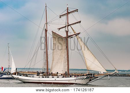 Rostock, Germany - August 2016: Sailing ship Tolkien on the sea. Tall Ship.Yachting and Sailing travel. Cruises and holidays