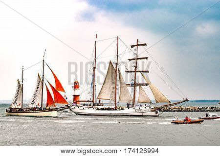Rostock, Germany - August 2016: Sailing ships on the baltic sea. Hanse-Sail Warnemuende at port Rostock, Mecklenburg-Vorpommern, Germany. Tall Ship.Yachting and Sailing travel. Cruises and holidays
