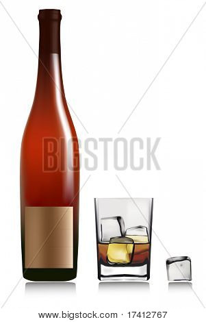 Láhev a děvče s whisky a kostky ledu. Vektor.