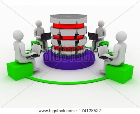 3d men with laptops connected to data server. data concept