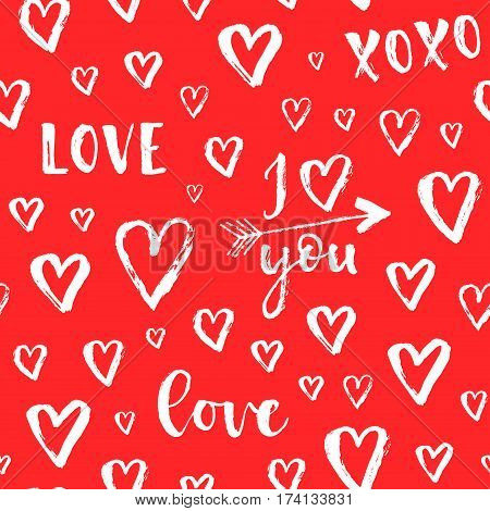 Vector Fashion Seamless Pattern With Hearts On Happy Valentines Day. Doodle Style