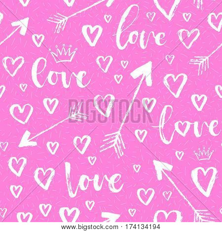 Vector Fashion Seamless Pattern With Hearts On Happy Valentines Day. Doodle Style