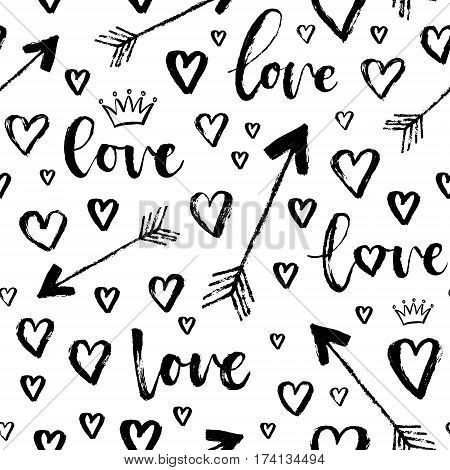 Vector Fashion Seamless Pattern With Hearts On Happy Valentines Day. Doodle Style