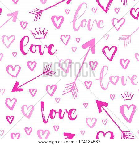 Vector Fashion Seamless Pattern With Hearts On Happy Valentines Day. Doodle Style