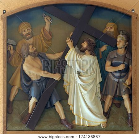 BUDASEVO, CROATIA - NOVEMBER 05: 2nd Stations of the Cross, Jesus is given his cross, Church of the Blessed Aloysius Stepinac in Budasevo, Croatia on November 05, 2007