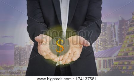 Abstract Scene Of Businessman Hold Dollas Sign On Hand And Cityscape Background - Can Use To Display