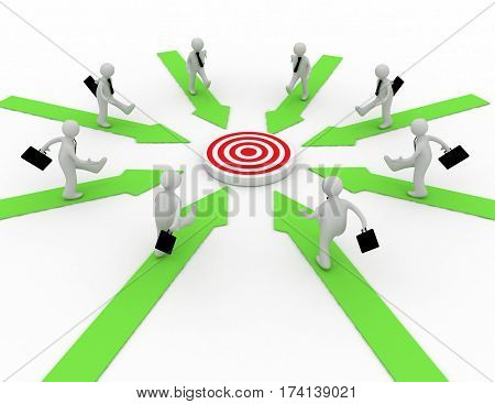 Businessmen are running on arrows pointing to a target at the center. 3d rendered illustration