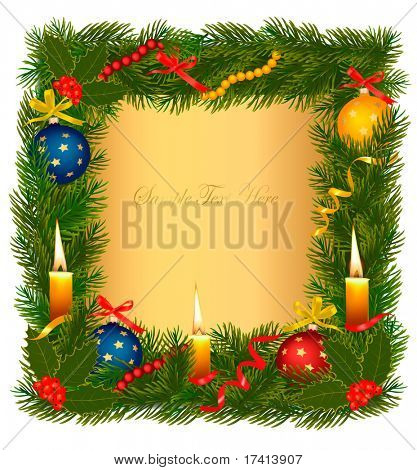 Fondo de Navidad con el árbol, la vela y el acebo. Ilustración del vector.