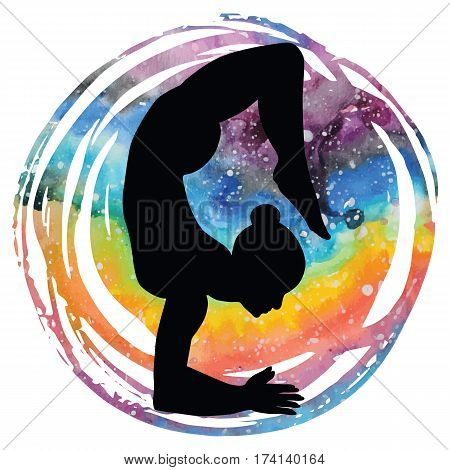 Women silhouette on galaxy astral background.Scorpion yoga pose. Vrischikasana. Vector illustration.