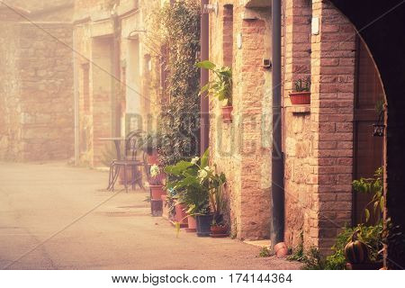 Empty street of small Tuscany town San Quirico d'Orcia in the morning fog, romantic travel vintage hipster european italy background