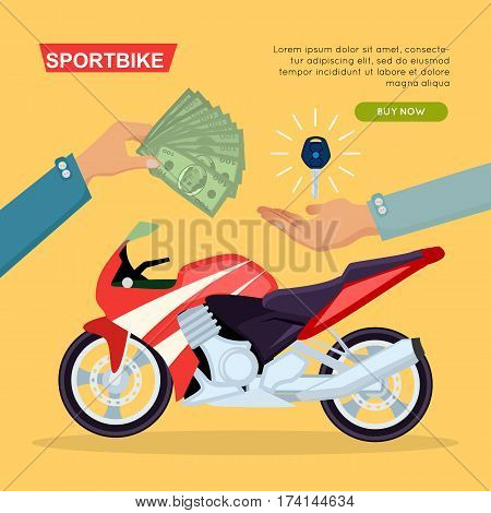 Illustration of buying or selling red sportbike web banner. Hand passing key and giving money on yellow background. Sale process realization purchase. E-commerce online shopping vector web banner