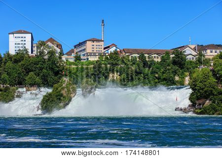 The Rhine Falls - the largest plain waterfall in Europe, located on the Rhine river in Switzerland.