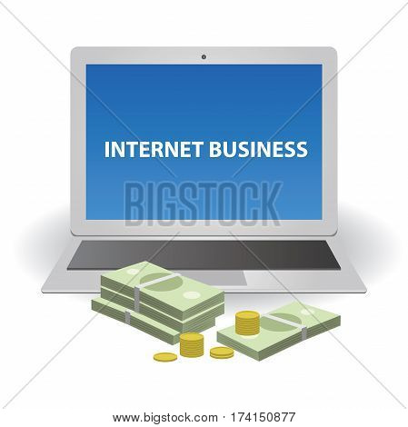 Money lying next to a laptop. Internet business illustration for your design.