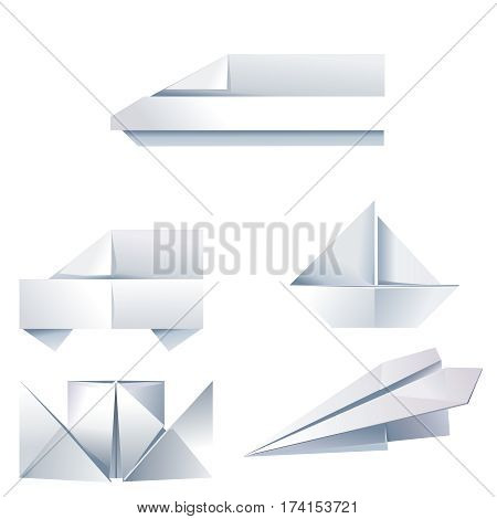 Set of vector origami icons on the theme of travel. Made of folded paper airplane, boat, car and train