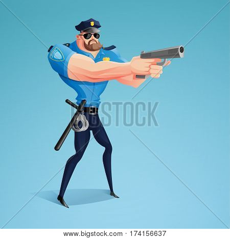 An American policeman is aiming his gun at the alleged offender. A modern design of the character. A vector illustration.
