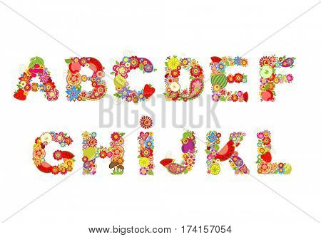 Childish funny vector flowers font with fruits. Summery alphabet, part 1