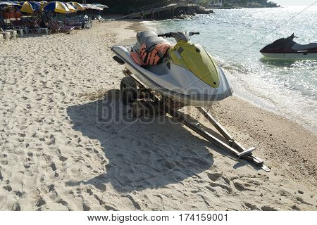 The boat on the dock in summer Sunny day.