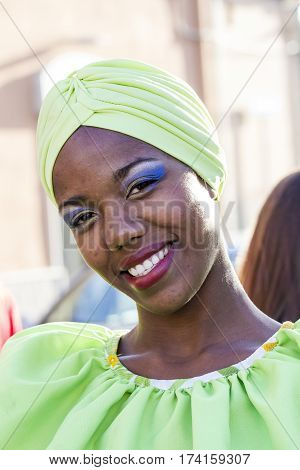 QUARTU S.E. ITALY - July 15 2016: 30 Sciampitta - International festival of folklore - portrait of a beautiful girl Maraguan Group Camarguey University (Havana - Cuba) - Sardinia