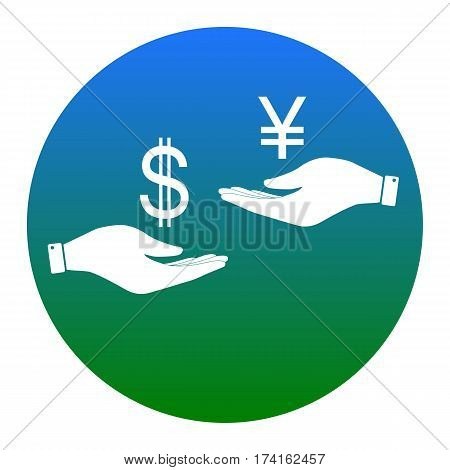 Currency exchange from hand to hand. Dollar and Yen. Vector. White icon in bluish circle on white background. Isolated.