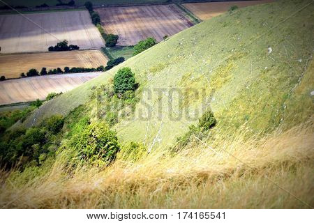 Aerial view on the meadows from White Horse Hill in Westbury in England.