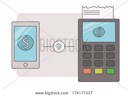 Illustration of mobile payment via smartphone.  Line contour  smartphone doing payment by credit card wireless connecting to the payment terminal