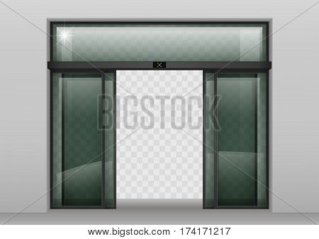 Double sliding glass doors with automatic motion sensor. Entrance to the office train station supermarket.