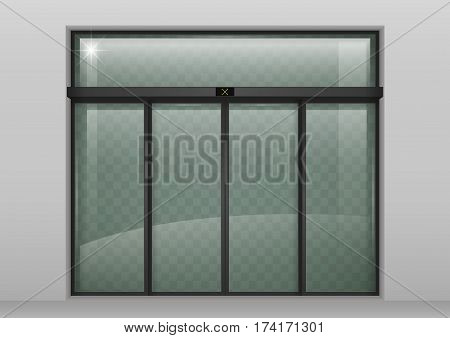 Double sliding glass doors with automatic motion sensor. Entrance to the office train station supermarket.