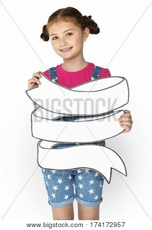 Little Girl Smiling Happiness Holding Banner Copy Space