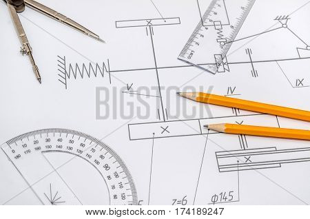 indastrial drawing detail and drawing tools close up
