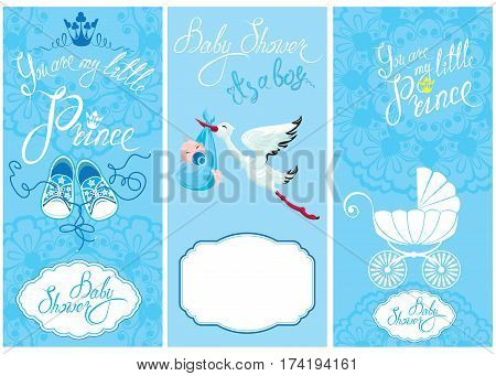 Baby boy Shower Set. Party Decoration Scrapbook invitation card. Calligraphic text You are my little prince frames. Vintage elements for invitation card flyer etc.