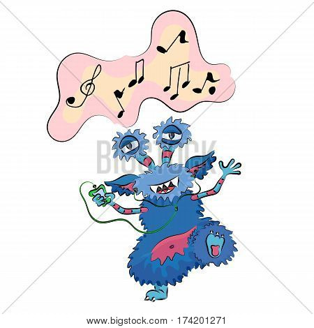 cheerful monster listening to music from the phone and dances