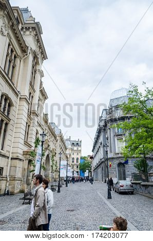 Bucharest, Romania - May 25, 2014: The Streets With Old, Vintage Buildings From Victoria Avenue (cal