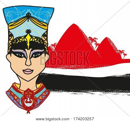 Egyptian queen portrait on desert landscape - abstract banner , vector illustration