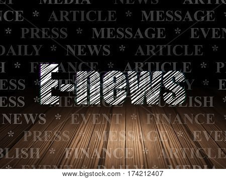 News concept: Glowing text E-news in grunge dark room with Wooden Floor, black background with  Tag Cloud