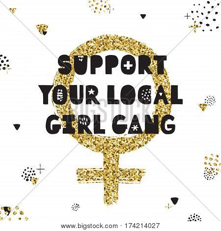 Support your local girl gang. Gold glitter mirror of Venus symbol and ink abstract vector hand drawn illustration.