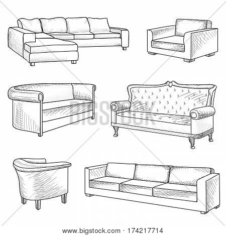 Furniture set. Interior detail outline sketch collection: bed sofa settee armchair.