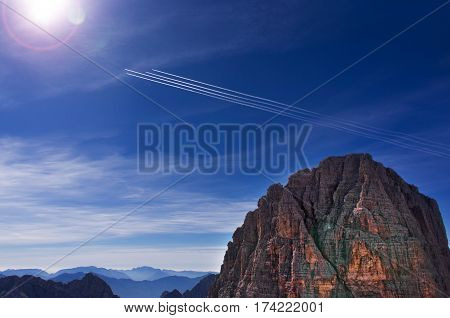 planes over Europe. blue sky. 4 aircraft in the same direction.