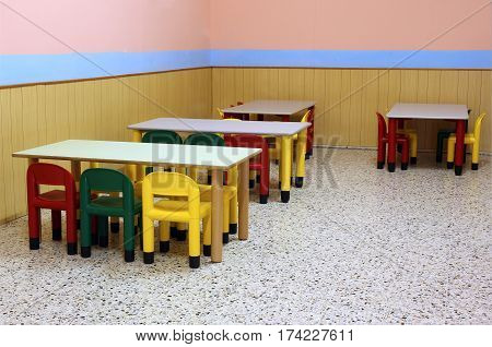 Colored Benches And Seats Of A Class Of A  Preschool