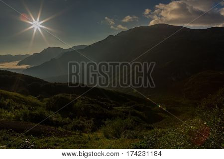 Sunrise in the brookvalley Spokoyny at the foot of outer north-eastern slope of caldera volcano Gorely.