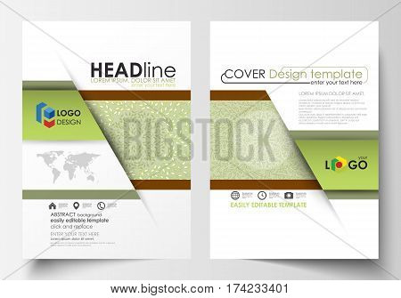 Business templates for brochure, magazine, flyer, booklet or annual report. Cover design template, easy editable vector, abstract flat layout in A4 size. Green color background with leaves. Spa concept in linear style. Vector decoration for cosmetics, bea